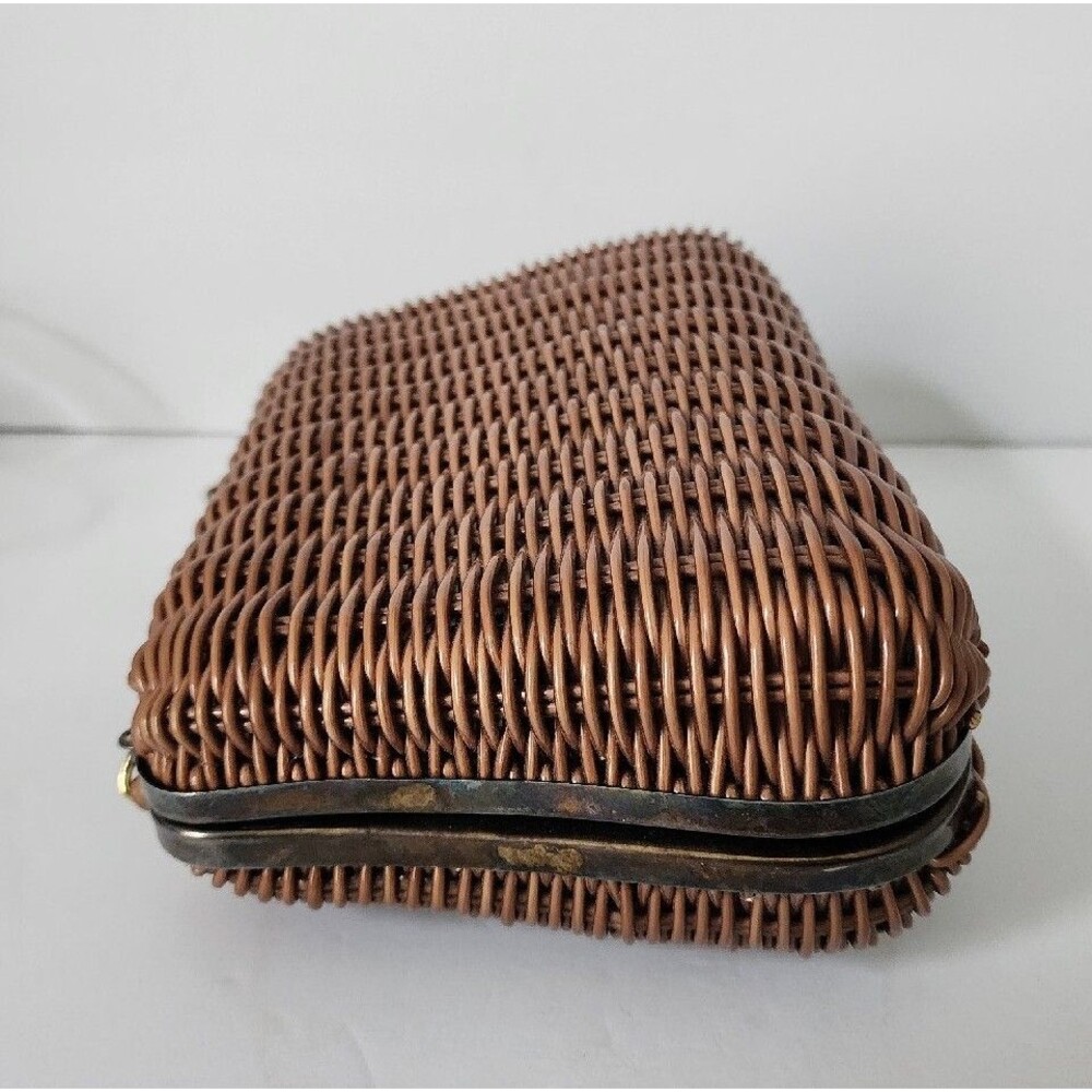 Vintage Tandem Faux Straw Bag Crossbody Purse Chain Strap Brown Gold Retro - Picture 10 of 16